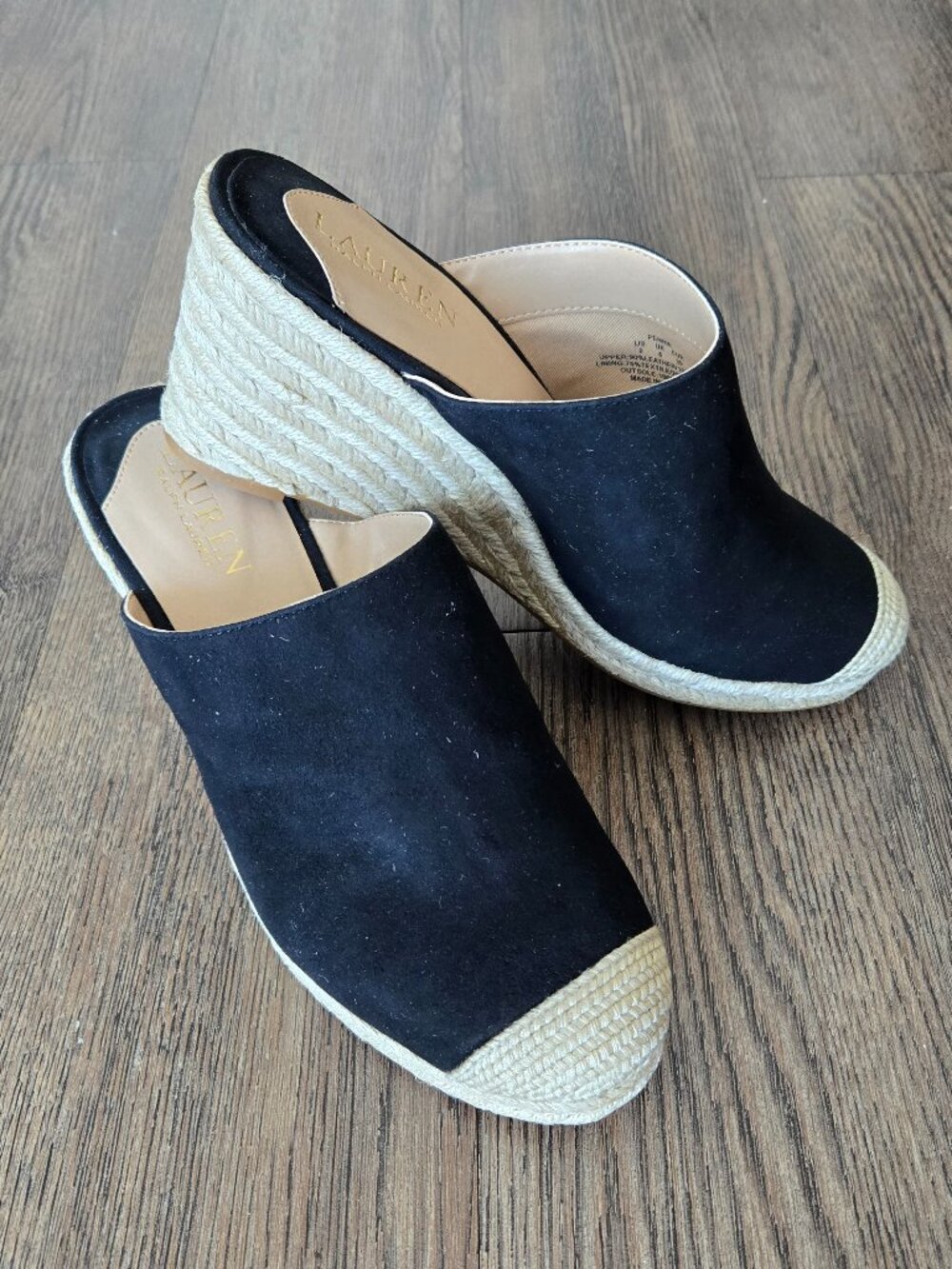NEW Lauren Ralph Lauren Black Suede Pennie Espadrille Wedge Sandals Size 8 M